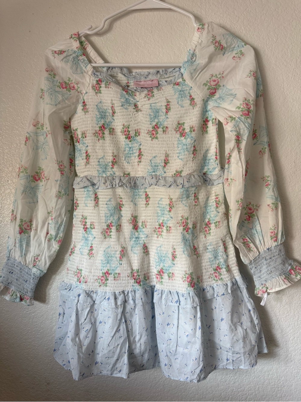 LoveShackFancy Girls' Floral Smocked Top in White, Light Blue & Pink